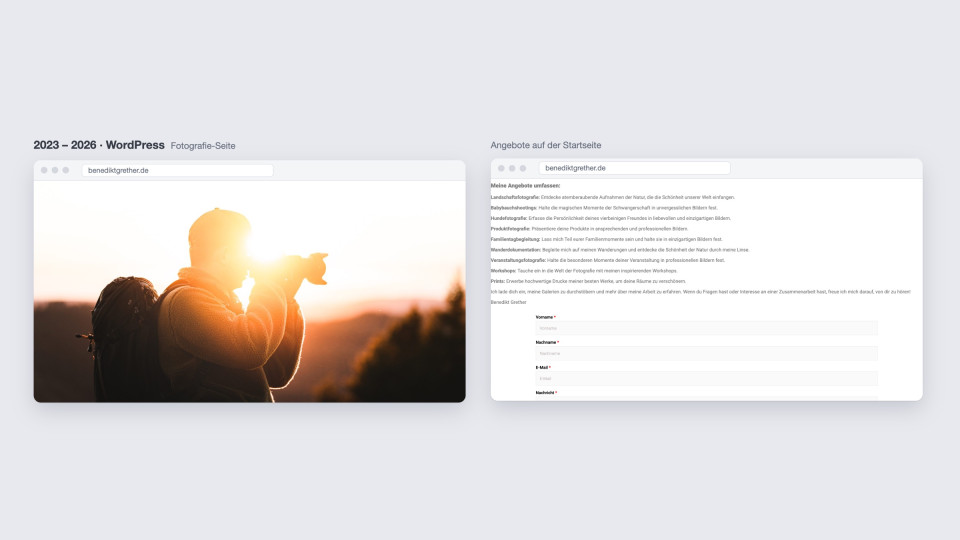 Die WordPress-Fotografie-Seite mit Titelbild und Angebotsliste