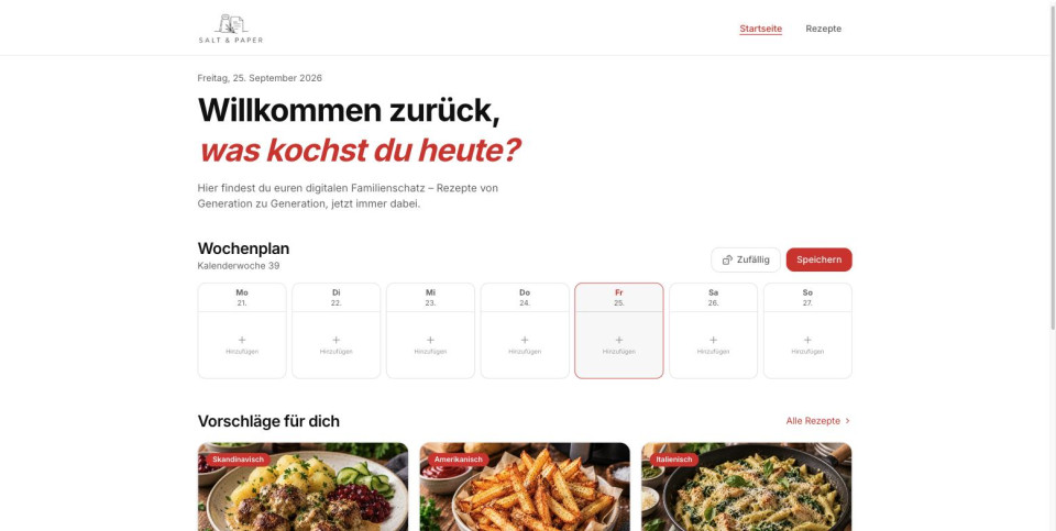 Startseite von Salt & Paper mit Begrüßung, Wochenplan und Rezeptvorschlägen